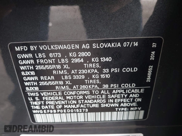 2014 Volkswagen Touareg Sport with VIN WVGEF9BP0ED015273, listed as a IAAI auction lot 42046823 with 84,694 mi miles and . Bid and sale history available at DreamBid. Image 9.