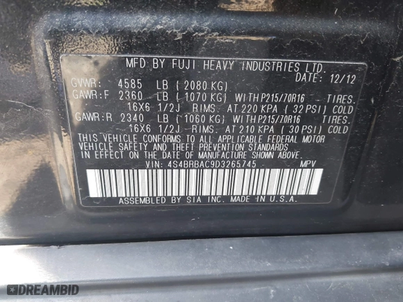 2013 Subaru Outback 2.5i with VIN 4S4BRBAC9D3265745, listed as a IAAI auction lot 42104582 with 150,332 mi miles. Bid and sale history available at carsss.com. Image 9.