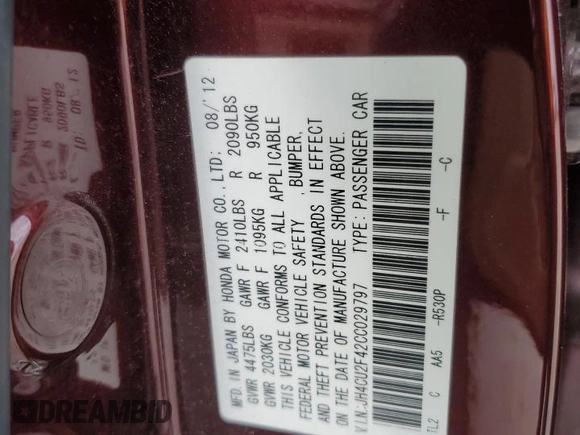 2012 Acura TSX z VIN JH4CU2F42CC029797, wystawiony jako Copart lot #53119715 z przebiegiem 151 922 mil mil oraz Czysty tytuł • Clean title. Historia ofert i sprzedaży dostępna na DreamBid. Obrazek 12.