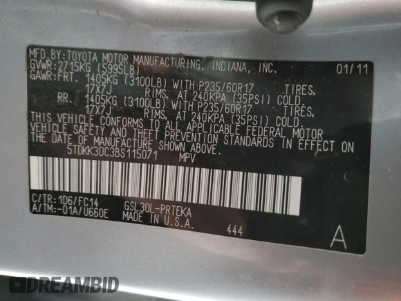 2011 Toyota Sienna LE AAS with VIN 5TDKK3DC3BS115071, listed as a Copart auction lot 46287965 with 160,187 mi miles and Salvage Title. Bid and sale history available at DreamBid. Image 13.
