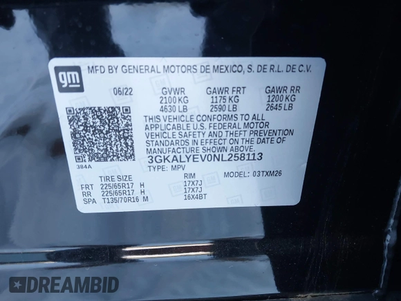 2022 GMC Terrain AT4 with VIN 3GKALYEV0NL258113, listed as a IAAI auction lot 41202956 with 22,982 mi miles and . Bid and sale history available at DreamBid. Image 9.