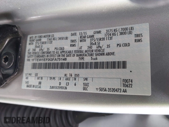 2016 Ford F-150 XLT with VIN 1FTEW1EF0GFA75148, listed as a IAAI auction lot 41616496 with 104,134 mi miles and . Bid and sale history available at DreamBid. Image 9.