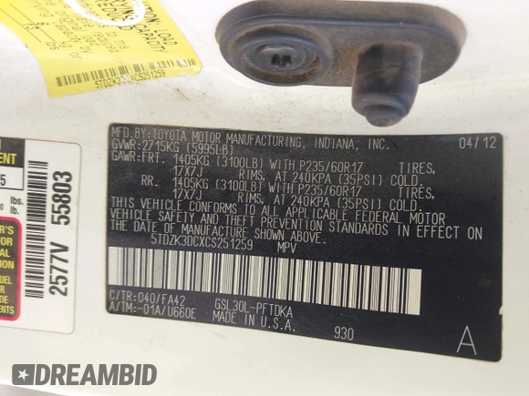 2012 Toyota Sienna z VIN 5TDZK3DCXCS251259, wystawiony jako IAAI lot #41949142 z przebiegiem Nie podano mil oraz . Historia ofert i sprzedaży dostępna na DreamBid. Obrazek 9.