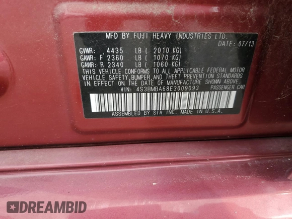 2014 Subaru Legacy 2.5i with VIN 4S3BMBA68E3009093, listed as a Copart auction lot 64075085 with 86,782 mi miles and Salvage title. Bid and sale history available at DreamBid. Image 12.