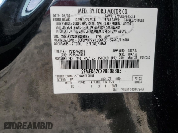 2009 Ford Flex SEL with VIN 2FMEK62CX9BB08885, listed as a Copart auction lot 48808745 with 174,960 mi miles and Salvage Title. Bid and sale history available at carsss.com. Image 13.