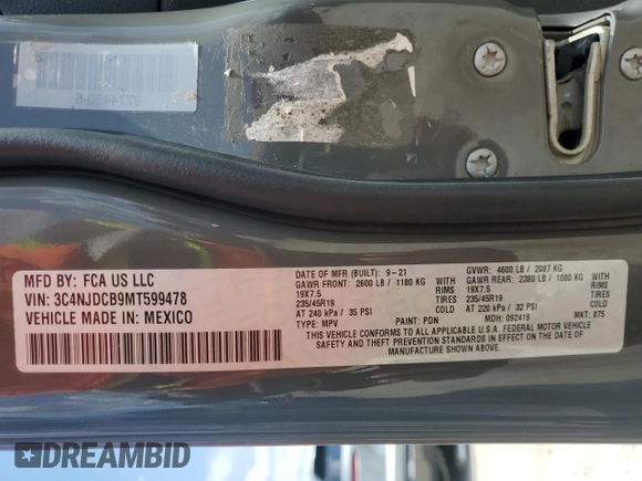 2021 Jeep Compass Limited with VIN 3C4NJDCB9MT599478, listed as a Copart auction lot 57153205 with 144,711 mi miles and Salvage title. Bid and sale history available at DreamBid. Image 13.