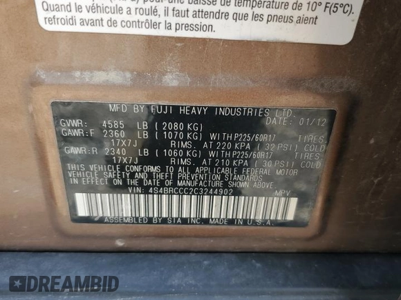 2012 Subaru Outback 2.5i Prem with VIN 4S4BRCCC2C3244902, listed as a Copart auction lot 68109244 with 212,901 mi miles and Salvage Title. Bid and sale history available at carsss.com. Image 15.