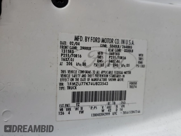 2004 Ford Explorer Sport Trac XLS with VIN 1FMZU77K74UB23543, listed as a Copart auction lot 62859625 with 96,873 mi miles and Salvage title. Bid and sale history available at DreamBid. Image 12.