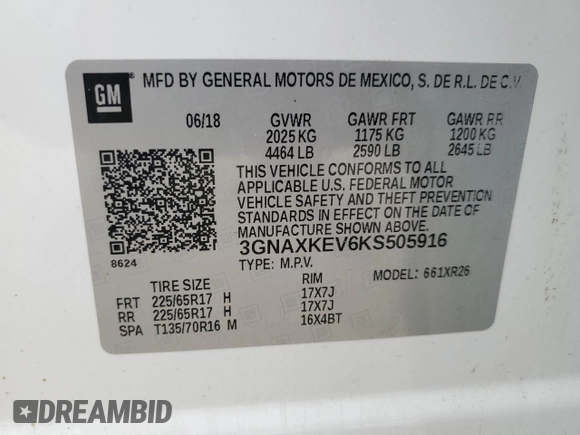 2019 Chevrolet Equinox LT with VIN 3GNAXKEV6KS505916, listed as a Copart auction lot 53357255 with 110,309 mi miles and Salvage Title. Bid and sale history available at DreamBid. Image 13.