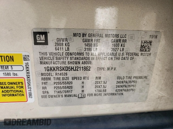 2017 GMC Acadia Limited z VIN 1GKKRSKD5HJ211862, wystawiony jako Copart lot #49043375 z przebiegiem 139 454 mil mil oraz Szkoda całkowita • Salvage title. Historia ofert i sprzedaży dostępna na DreamBid. Obrazek 13.