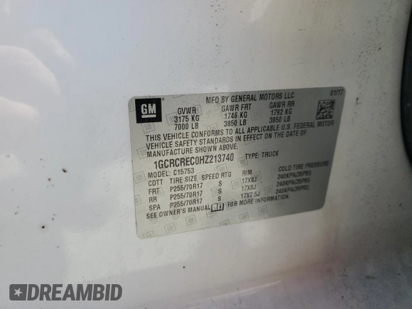 2017 Chevrolet Silverado 1500 LT with VIN 1GCRCREC0HZ213740, listed as a Copart auction lot 50305065 with 75,001 mi miles and Clean Title. Bid and sale history available at DreamBid. Image 12.