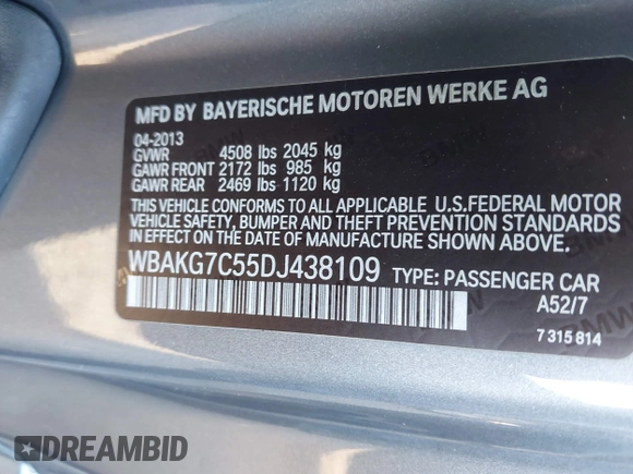 2013 BMW 3 Series 335i with VIN WBAKG7C55DJ438109, listed as a IAAI auction lot 41498661 with 94,579 mi miles and . Bid and sale history available at DreamBid. Image 9.