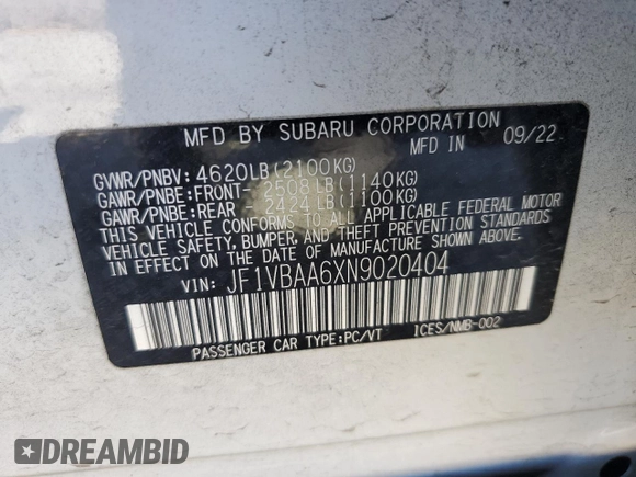 2022 Subaru WRX with VIN JF1VBAA6XN9020404, listed as a Copart auction lot 88918995 with 23,692 mi miles and Salvage Title. Bid and sale history available at carsss.com. Image 12.
