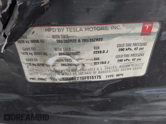 2016 Tesla Model X 70D with VIN 5YJXCAE27GF015175, listed as a IAAI auction lot 41074929 with 115,130 mi miles. Bid and sale history available at carsss.com. Image 9.