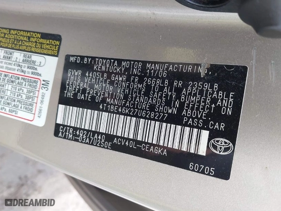 2007 Toyota Camry CE with VIN 4T1BE46K27U628277, listed as a IAAI auction lot 41911750 with 241,374 mi miles. Bid and sale history available at carsss.com. Image 9.