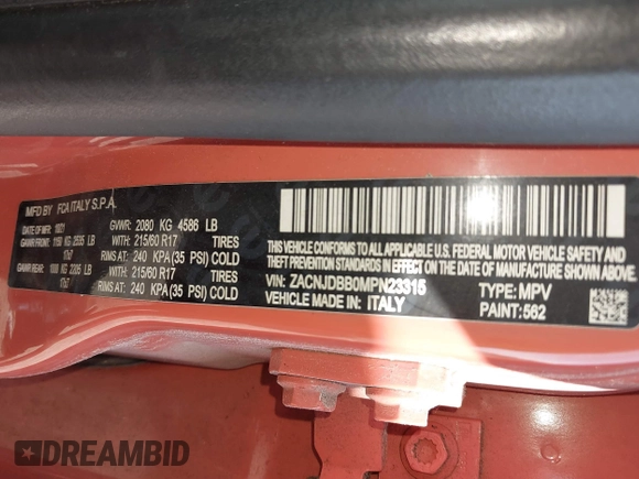 2021 Jeep Renegade 80th Anniversary with VIN ZACNJDBB0MPN23315, listed as a IAAI auction lot 41139893 with 45,251 mi miles and . Bid and sale history available at DreamBid. Image 9.