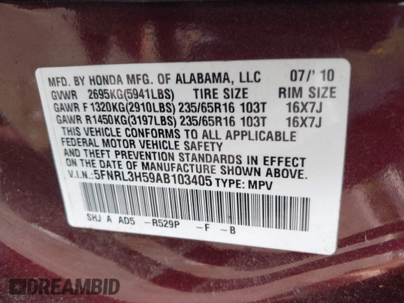 2010 Honda Odyssey EX with VIN 5FNRL3H59AB103405, listed as a IAAI auction lot 42442253 with 129,784 mi miles and . Bid and sale history available at DreamBid. Image 9.