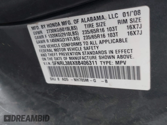 2008 Honda Odyssey EX-L with VIN 5FNRL386X8B406311, listed as a IAAI auction lot 42101372 with 1 mi miles. Bid and sale history available at carsss.com. Image 9.