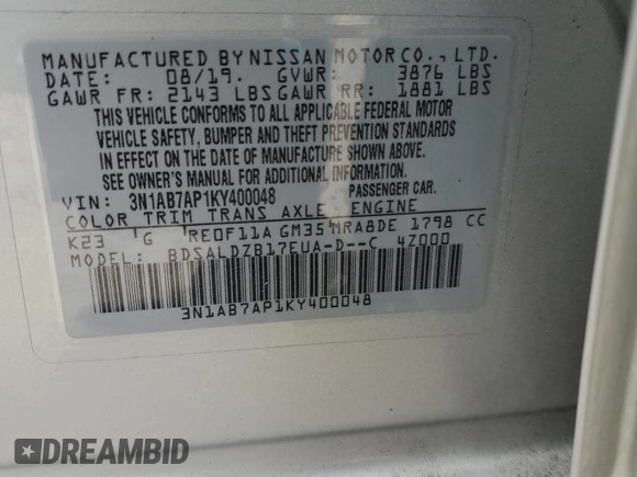 2019 Nissan Sentra SV with VIN 3N1AB7AP1KY400048, listed as a Copart auction lot 53985405 with 49,447 mi miles and Salvage Title. Bid and sale history available at DreamBid. Image 13.