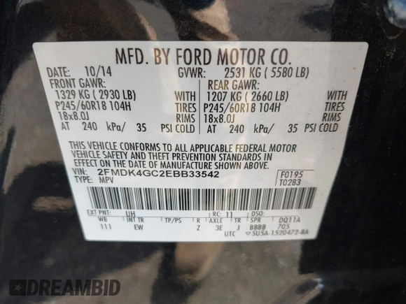 2014 Ford Edge SE with VIN 2FMDK4GC2EBB33542, listed as a IAAI auction lot 42562870 with 205,364 mi miles and . Bid and sale history available at DreamBid. Image 9.