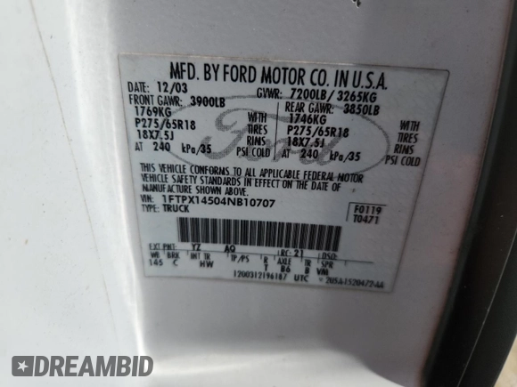 2004 Ford F-150 XLT with VIN 1FTPX14504NB10707, listed as a Copart auction lot 59894995 with 244,545 mi miles and Salvage title. Bid and sale history available at DreamBid. Image 12.