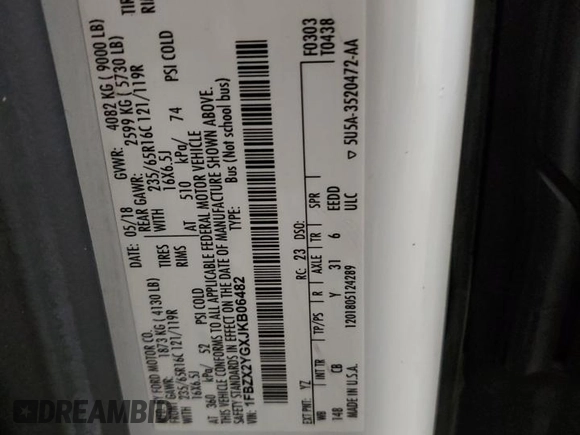 2018 Ford Transit Passenger XL z VIN 1FBZX2YGXJKB06482, wystawiony jako Copart lot #86589674 z przebiegiem 106 039 mil mil oraz Szkoda całkowita • Salvage title. Historia ofert i sprzedaży dostępna na DreamBid. Obrazek 14.