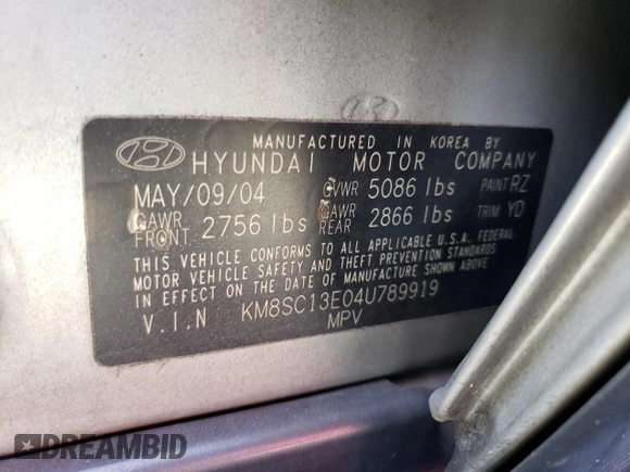 2004 Hyundai Santa Fe GLS with VIN KM8SC13E04U789919, listed as a Copart auction lot 69100794 with 118,887 mi miles and Non Repairable. Bid and sale history available at carsss.com. Image 13.