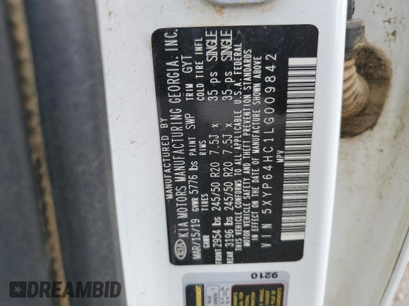 2020 Kia Telluride S with VIN 5XYP64HC1LG009842, listed as a Copart auction lot 48749955 with Not Provided miles and Salvage Title. Bid and sale history available at DreamBid. Image 13.