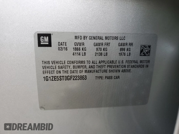 2016 Chevrolet Malibu LT with VIN 1G1ZE5ST0GF223863, listed as a Copart auction lot 56067885 with 99,707 mi miles and Clean Title. Bid and sale history available at DreamBid. Image 12.