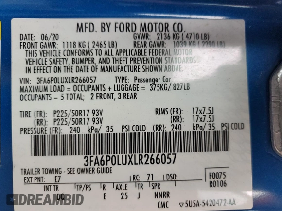 2020 Ford Fusion SE with VIN 3FA6P0LUXLR266057, listed as a Copart auction lot 61154555 with 97,536 mi miles and Non repairable. Bid and sale history available at DreamBid. Image 13.