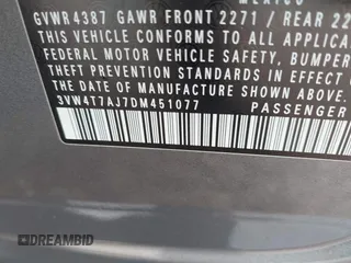 2013 Volkswagen Jetta Autobahn with VIN 3VW4T7AJ7DM451077, listed as a IAAI auction lot 41855053 with 75,207 mi miles and . Bid and sale history available at DreamBid. Image 9.