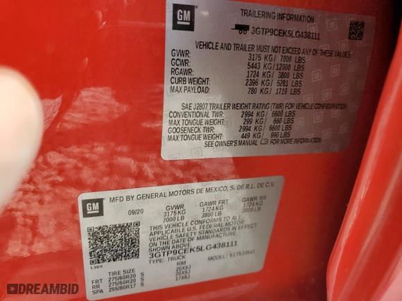 2020 GMC Sierra 1500 Elevation with VIN 3GTP9CEK5LG438111, listed as a Copart auction lot 69051304 with 0 mi miles and Salvage Title. Bid and sale history available at carsss.com. Image 12.