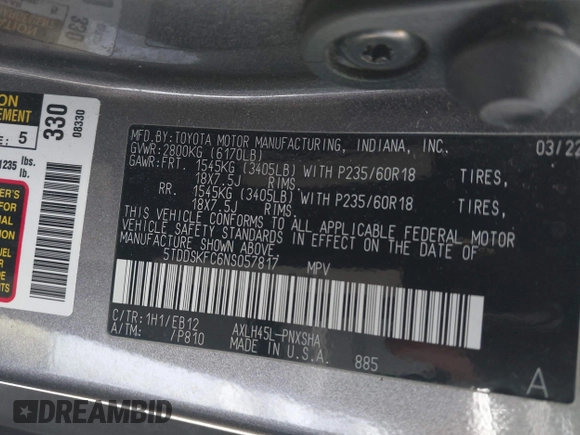 2022 Toyota Sienna XSE z VIN 5TDDSKFC6NS057817, wystawiony jako IAAI lot #42258341 z przebiegiem 196 985 mil mil oraz . Historia ofert i sprzedaży dostępna na DreamBid. Obrazek 9.