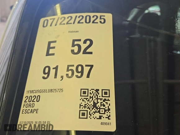 2020 Ford Escape SE with VIN 1FMCU9G68LUB25725, listed as a IAAI auction lot 42773960 with 91,597 mi miles and . Bid and sale history available at DreamBid. Image 3.