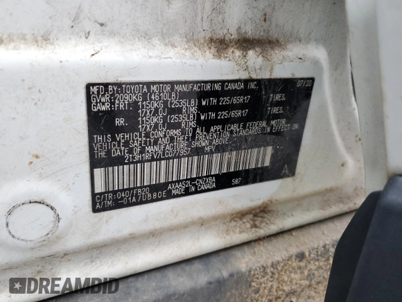 2020 Toyota RAV4 LE with VIN 2T3H1RFV7LC077957, listed as a Copart auction lot 49574275 with 56,650 mi miles and Salvage Title. Bid and sale history available at carsss.com. Image 14.