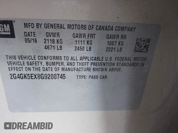 2016 Buick Regal with VIN 2G4GK5EX8G9200745, listed as a IAAI auction lot 42163198 with 141,723 mi miles and . Bid and sale history available at DreamBid. Image 9.