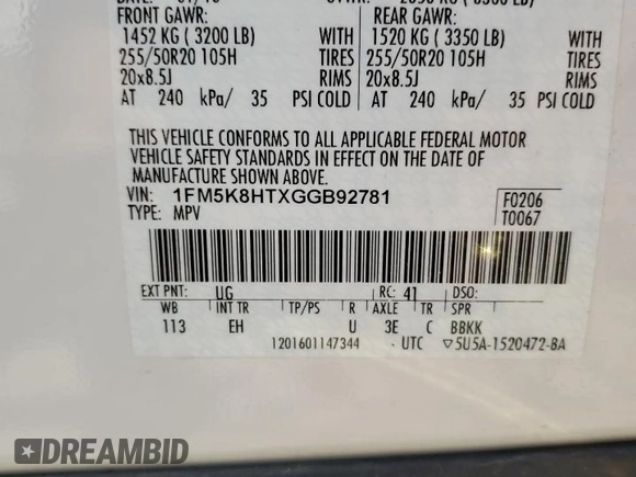 2016 Ford Explorer Platinum with VIN 1FM5K8HTXGGB92781, listed as a Copart auction lot 63209675 with 116,285 mi miles and Non repairable. Bid and sale history available at DreamBid. Image 13.