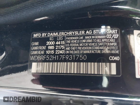 2007 Mercedes-Benz C 230 Sport z VIN WDBRF52H17F931750, wystawiony jako IAAI lot #42207507 z przebiegiem 164 202 mil mil oraz . Historia ofert i sprzedaży dostępna na DreamBid. Obrazek 9.