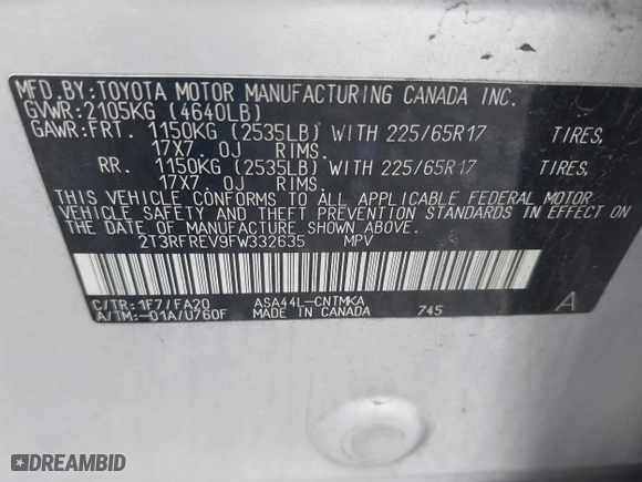 2015 Toyota RAV4 XLE with VIN 2T3RFREV9FW332635, listed as a IAAI auction lot 41899021 with 171,144 mi miles. Bid and sale history available at carsss.com. Image 9.