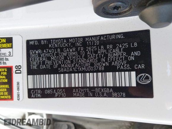 2021 Lexus ES 300h z VIN 58ADA1C1XMU003788, wystawiony jako IAAI lot #42315614 z przebiegiem 202 131 mil mil oraz . Historia ofert i sprzedaży dostępna na DreamBid. Obrazek 9.