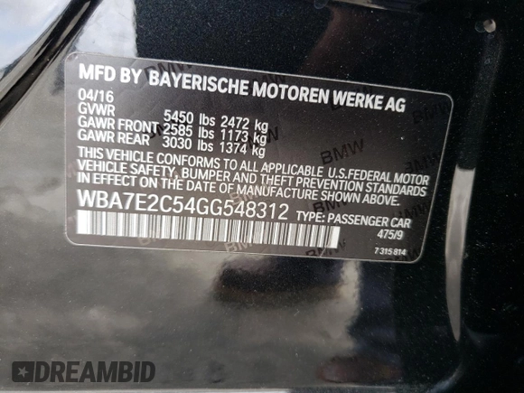 2016 BMW 7 Series 740i with VIN WBA7E2C54GG548312, listed as a Copart auction lot 45716263 with 74,249 mi miles. Bid and sale history available at carsss.com. Image 12.