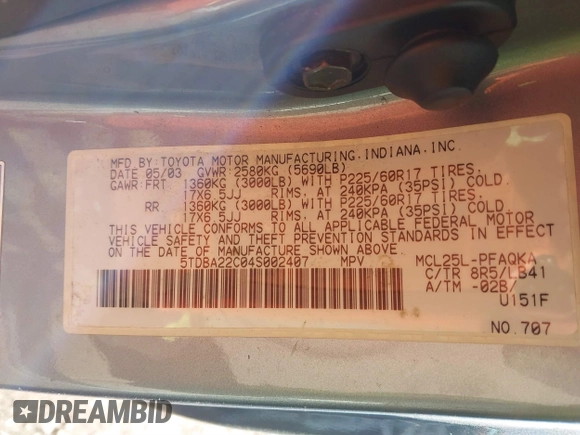 2004 Toyota Sienna XLE with VIN 5TDBA22C04S002407, listed as a IAAI auction lot 41385381 with 220,914 mi miles and . Bid and sale history available at DreamBid. Image 9.