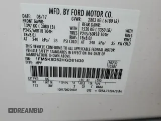 2017 Ford Explorer XLT with VIN 1FM5K8D82HGD81430, listed as a Copart auction lot 55413035 with 52,515 mi miles and Salvage title. Bid and sale history available at DreamBid. Image 14.
