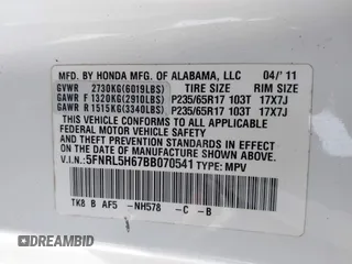 2011 Honda Odyssey EX-L with VIN 5FNRL5H67BB070541, listed as a IAAI auction lot 41812554 with 150,898 mi miles and . Bid and sale history available at DreamBid. Image 9.