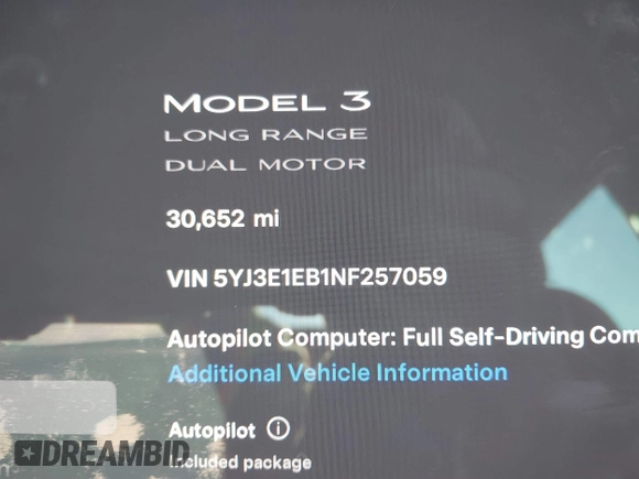 2022 Tesla Model 3 Long Range with VIN 5YJ3E1EB1NF257059, listed as a IAAI auction lot 41329318 with 30,652 mi miles and . Bid and sale history available at DreamBid. Image 7.