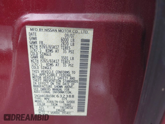 2008 Nissan Pathfinder LE with VIN 5N1AR18U38C632388, listed as a IAAI auction lot 42252546 with 256,995 mi miles and . Bid and sale history available at DreamBid. Image 9.