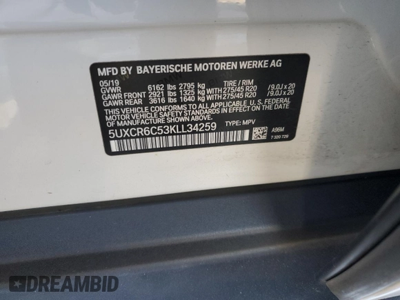 2019 BMW X5 xDrive40i with VIN 5UXCR6C53KLL34259, listed as a Copart auction lot 68913792 with 0 mi miles. Bid and sale history available at carsss.com. Image 14.