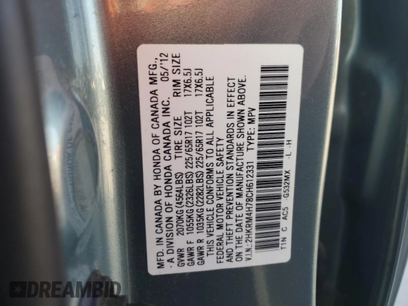 2012 Honda CR-V EX-L with VIN 2HKRM4H78CH612331, listed as a Copart auction lot 62383725 with 208,658 mi miles and Salvage title. Bid and sale history available at DreamBid. Image 13.