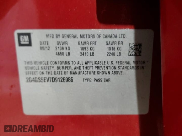 2013 Buick Regal Turbo Premium 1 z VIN 2G4GS5EV7D9126986, wystawiony jako Copart lot #50966575 z przebiegiem 81 367 mil mil oraz Szkoda całkowita • Salvage title. Historia ofert i sprzedaży dostępna na DreamBid. Obrazek 12.