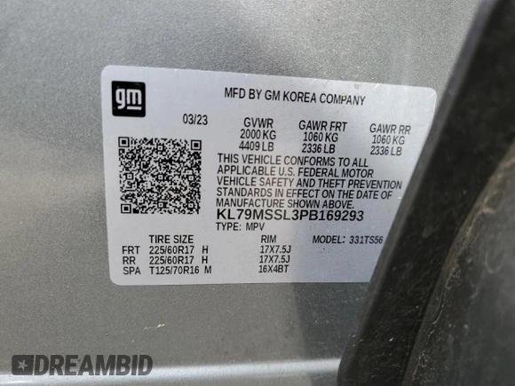2023 Chevrolet TrailBlazer ACTIV with VIN KL79MSSL3PB169293, listed as a Copart auction lot 74753044 with 27,170 mi miles and Salvage Title. Bid and sale history available at DreamBid. Image 13.